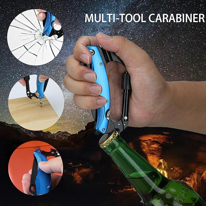 Multitool Carabiner with Knife : EDC Carabiners Keychain,LED Flashlight,Glass Breaker and Bottle Opener,Tactical Carabiner Multi-Tools and Outdoor Survival Gear for men