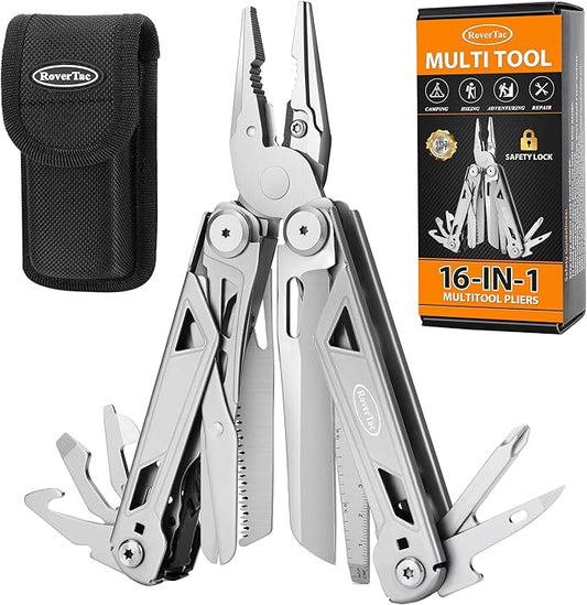RoverTac Multitool Pliers 16-in-1 Multi Tool Pocket Knife Multitool Knife Tactical EDC Gear Spring-loaded Pliers Scissors Knife Wire Cutter/Stripper Saw Bottle/Can Opener Screwdrivers Pocket Multitool
