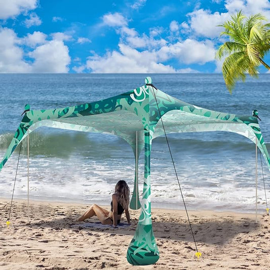 Buheco Beach Tent Pop Up Shade 10x10ft Beach Canopy Sun Shelter UPF50+ with 4 Foldable Poles-Portable Carrying Bag-Sand Shovel-Ground Pegs-Windproof Ropes for Outdoor Family Camping-Fishing- Picnic