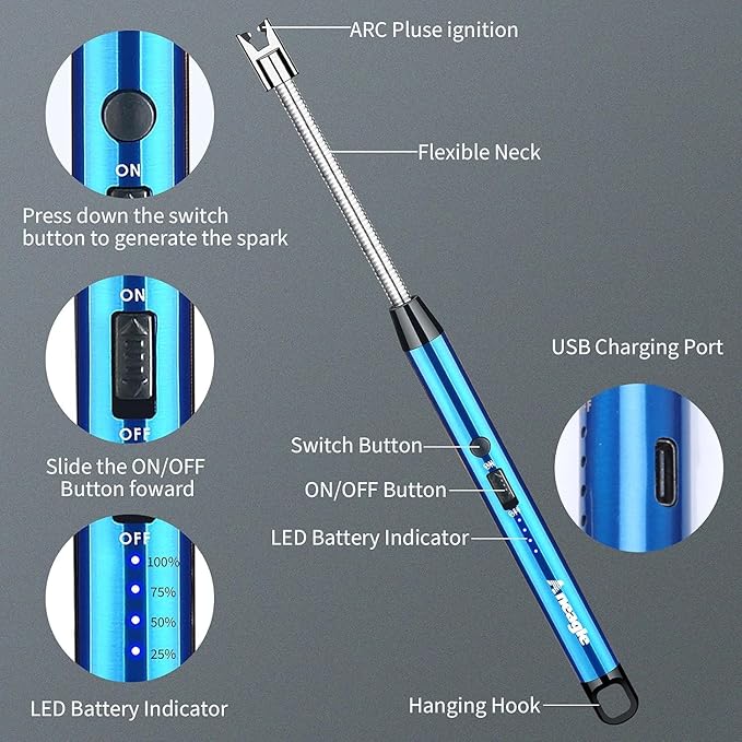 Candle Lighter Electric Lighter Rechargeable Arc Lighter with LED Battery Display360° Flexible Neck Flameless Grill Long Lighters for Light Candles Gas Stoves Camping Barbecue. (Blue)