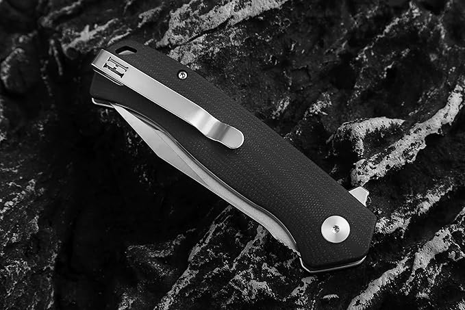 Holtzman's Gorilla Survival Folding Knife D2 Steel Blade G10 Handle Pocket Knife EDC Giftset for Men and Women (half stonewashed half silver blade + black handle)