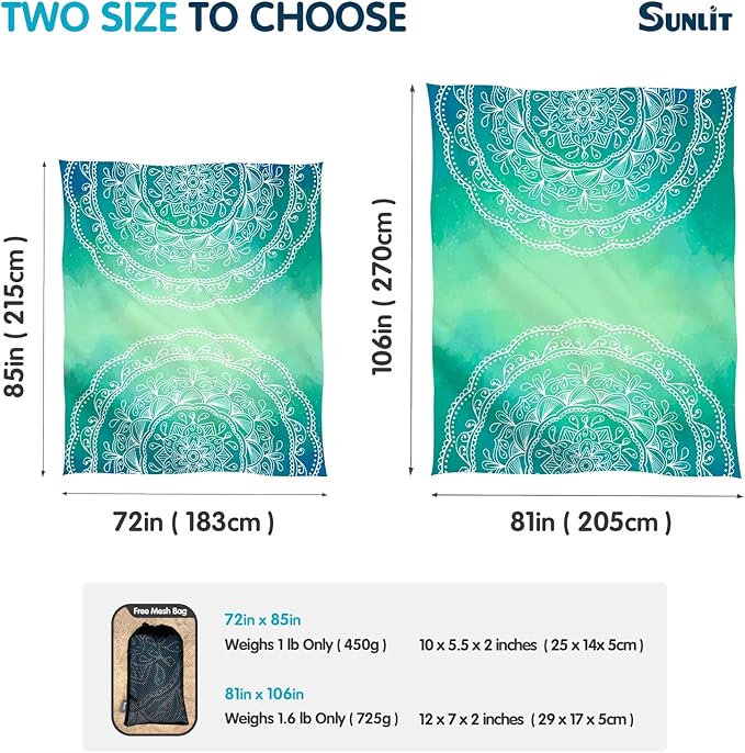 Sunlit Silky Soft 106"x81" Boho Sand Proof Beach Blanket Sand Proof Mat with Corner Pockets and Mesh Bag for Beach Party, Travel, Camping and Outdoor Music Festival, Bright Turquoise Mandala