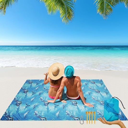 Beach Blanket, 83''*79''(210 * 200cm) Waterproof Sandproof Shark Picnic Blankets for 3-5 Adults, Oversized Lightweight Beach Mat, Big & Compact Picnic Mat for Travel, Camping, Hiking, Beach