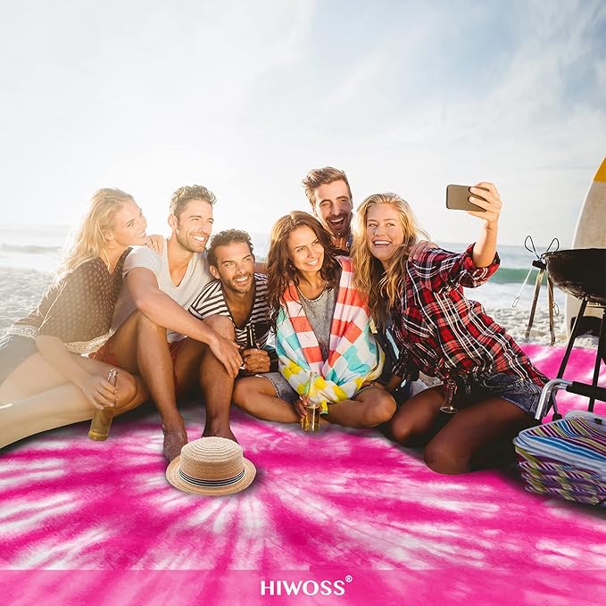 Beach Blanket Waterproof Sandproof Oversized 95”x 80”,Sand Free Beach Mat with Corner Pockets,Portable Mesh Bag for Beach Festival,Picnic,Travel and Outdoor Camping (PinkFloyd)