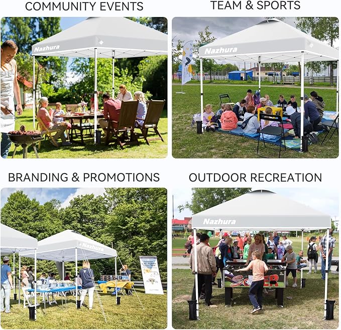 Nazhura 10' x 10' Pop Up Canopy Tent with Sand Weight Bag, Freestanding Sun Shelter for Picnic and Camping, One Person Setup and Height Adjustable (White)