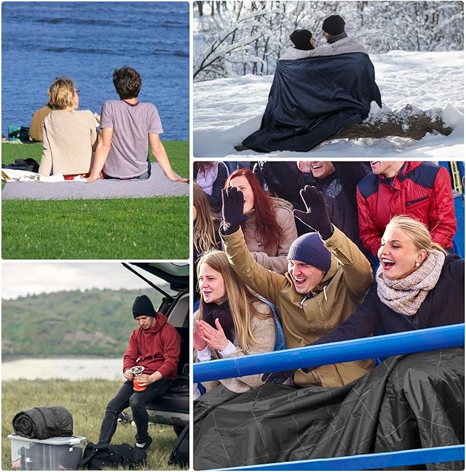 DUKUSEEK Sherpa Waterproof Outdoor Blanket, Large Sherpa Hooded Stadium Blankets for Cold Weather, Portable Wearable Camping Blankets for Concerts, Grass, Car, Boat, Pets, Sporting Events,79x59