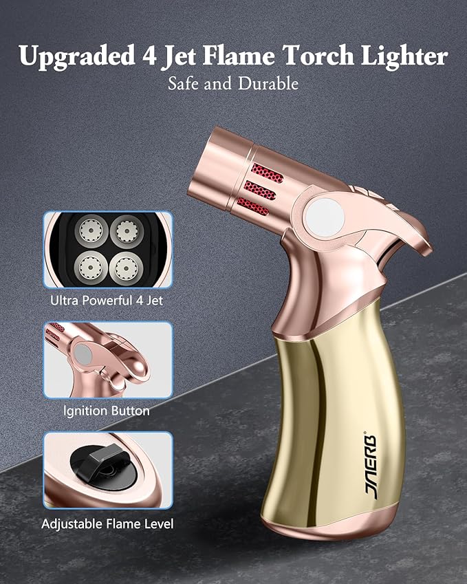 Torch Lighter, Adjustable 4 Jet Flame Refillable Butane Fuel Lighter Windproof Mini Butane Torch Lighter for Grill BBQ Gas Fireplace Fire Camping (Butane Gas Not Included) (Golden)