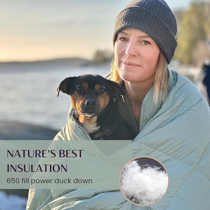 Down Camping Blanket - Warm Puffy Camping Quilt for Cold Weather, Backpacking, Hiking, Beach, Travel Gear - Lightweight Outdoor Packable Blanket Poncho or Throw & Bag - 50x77