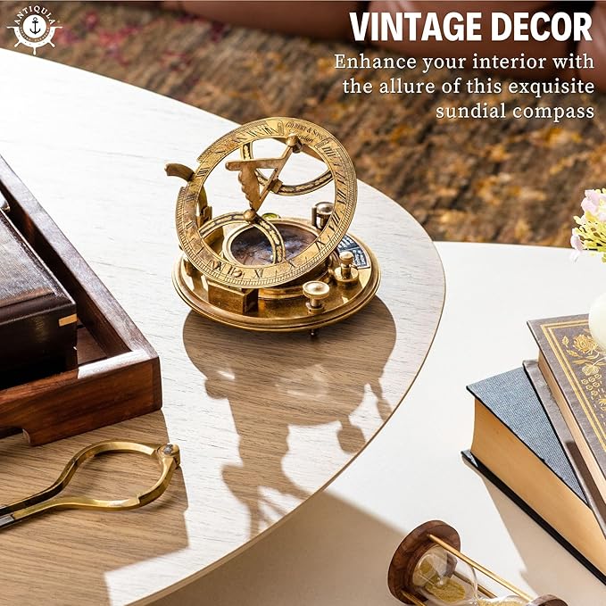 5 inch Large Sundial Compass with Wooden Rosewood Box, Perfectly Calibrated Steampunk Antique Brass Sundial Clock with Chart for Guidance, Ideal Nautical & Vintage Gift for Men