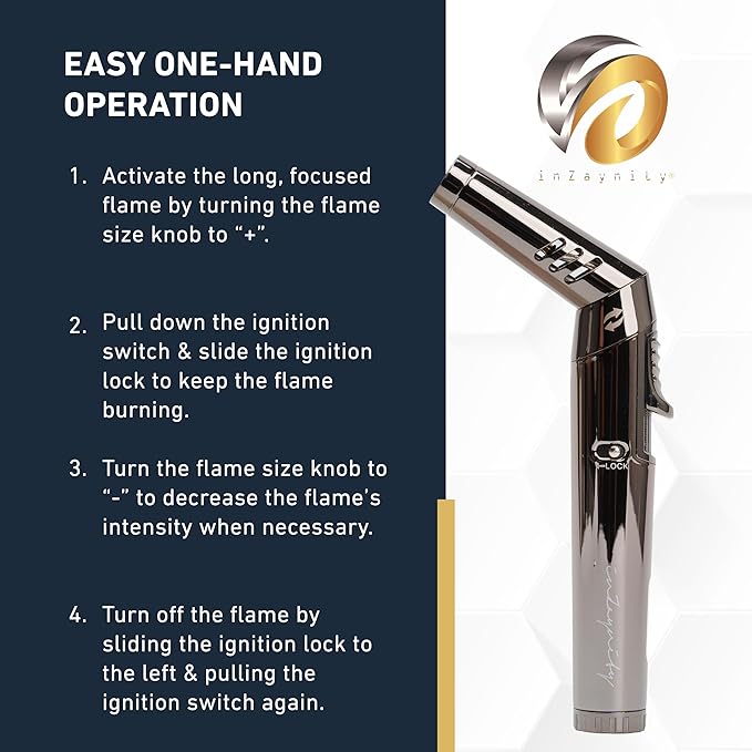 Pen Torch Lighter - Refillable Single Flame Butane Torch Lighter for Candle, & Cooking w/Adjustable Flame & Ignition Lock - Luxurious Handheld Camping Lighter & Gift Box by inZaynity - Black & Steel