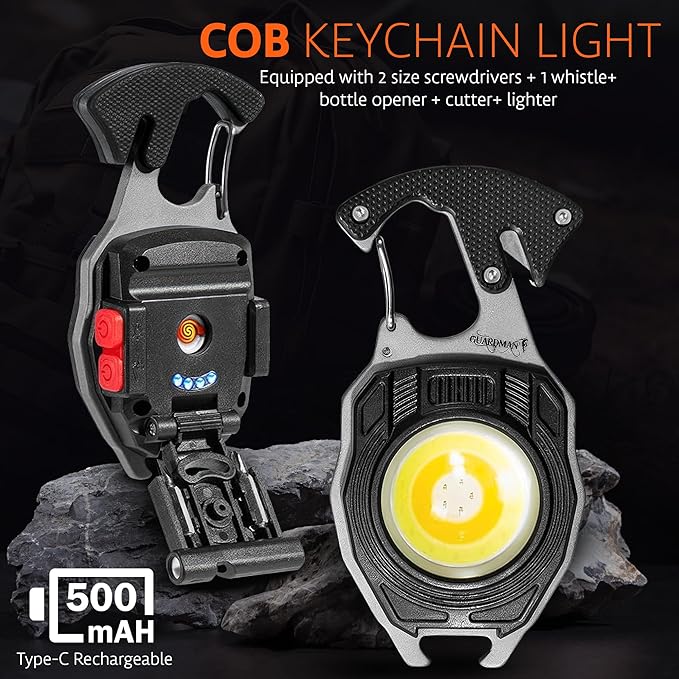 Survival Tool Fire Starter Emergency Work Light Carabiner Rechargable Flashlight Multi Tool Screwdriver Whistle Bottle Opener Hiking Outdoor Gift For Dad Hunting Pocket Multi Use Stocking Stuffer