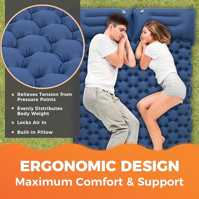 KingCamp Sleeping Pads for Camping, Self Inflating Camping Mattress with Built-in Foot Pump, Connectable Durable Inflatable Sleeping Mat with Pillow, Compact Camping Air Mattress for Camping Hiking