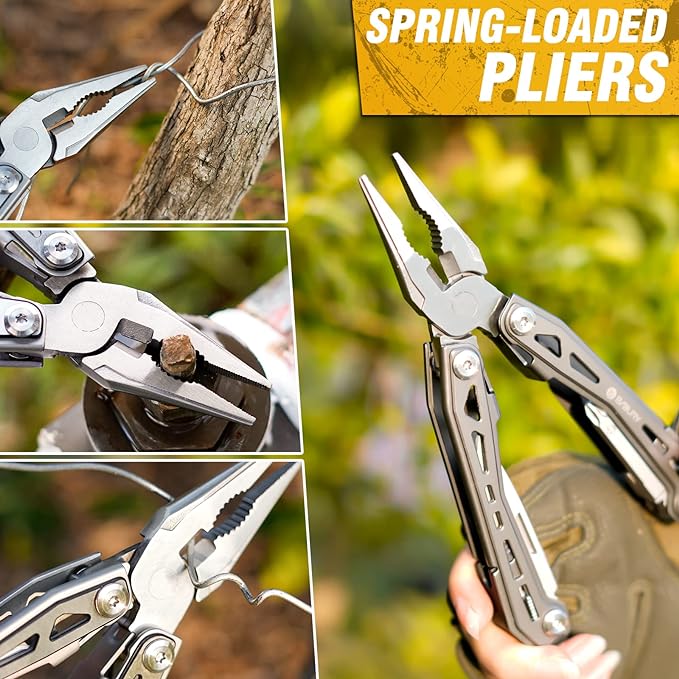 BIBURY 17-in-1 Multitools, Portable Multitool Foldable Spring-Loaded Pliers with Scissors, Can Opener & Screwdriver, EDC Tools for Camping, Outdoor Activities, Home Repair - Titanium Plating