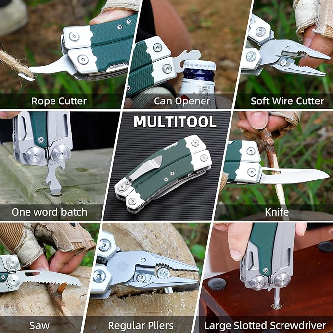 G10 Handle Multitool Pliers with YG10 Tungsten Steel Replaceable Wire Cutters 12 in 1 Multi Tool Pocket Knife with Safety Lock,Saw,Bottel Opener for Camping,Survival with Nylon Sheath (green)