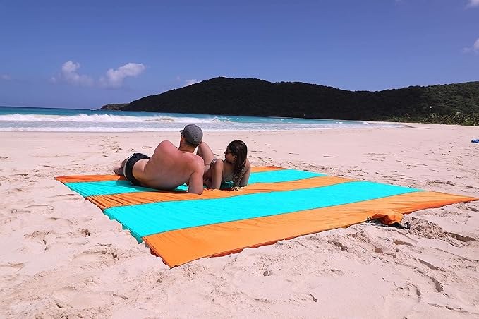 Premium XXL Beach Blanket Sandproof Water Resistant Quick Dry Mat 10ft by 9ft for 1-8 Adults with 4 Metal Stakes, 4 Corner Pockets, Secure Clip and Strap, and Attached Bag