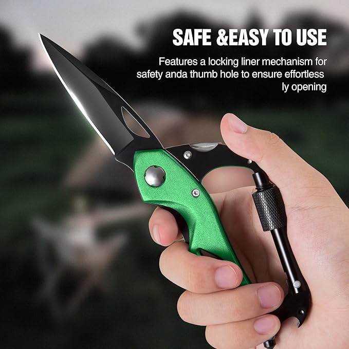 Multitool Carabiner with Pocket Knife, EDC Carabiners Keychain with Bottle Opener, Window Breaker Folding Knives and Screwdriver, Survival Gear for Outdoor Camping Hiking for Men