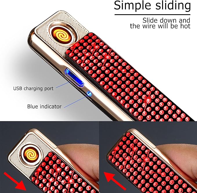 Rhinestone Lighter Electric Lighter Rechargeable Bling Glitter USB Lighter Flameless Girls Lighter for Women (red)