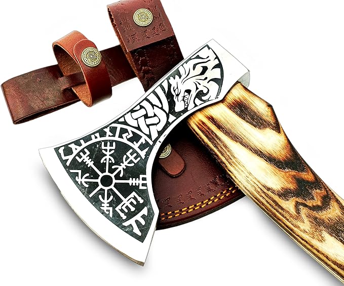 Hand Forged Carbon Steel Etched Viking Axe with (Ash Wood) Handle -with Premium Leather Sheath - Ideal for Camping Axe - Survival Axe - Bushcraft Axe Gift for Him. CX-00786