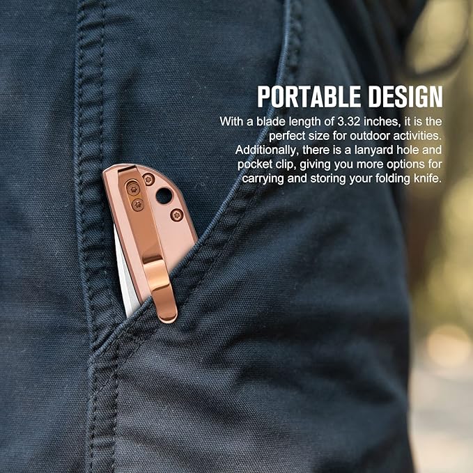 OKNIFE Freeze 2 Folding Knife, EDC Pocket Knife with Copper Handle, 154CM Steel Blade and Ceramic Ball-Bearing Washer for Camping, Hiking