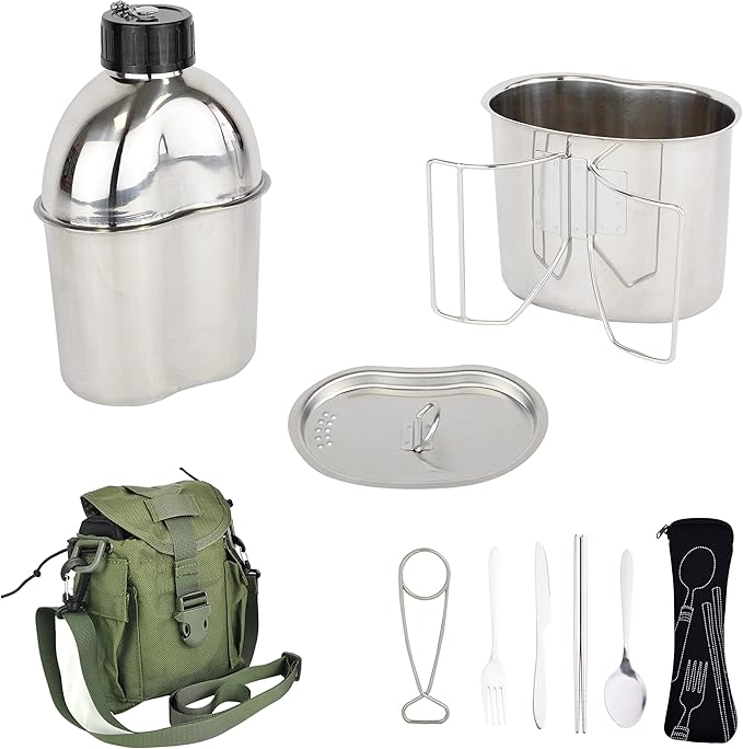 MASTIFF GEARS® 304 (18/8) Stainless Steel (FDA Compliant) US G.I Style Canteen Kit Cooking Set Camping Canteen Mess Kit with Cup, Lid, MOLLE Pouch for Camping