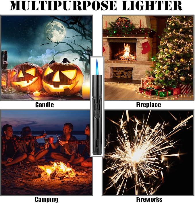 Anrapley Lighter, 6.0in Long Butane Torch Lighter with Fuel Level Window, Windproof Pen Lighter Adjustable Jet Flame for Candle Fireplace Grill Kitchen BBQ, Dad Gifts, Black(Gas not Included)