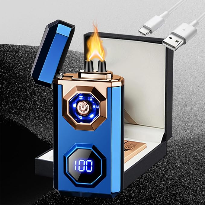 Electric Lighter,Type-C Arc Lighters Rechargeable,Big Flame Plasma Lighter,Wind Resistant Lighter with LED Battery Display,Cool Lighter, Suitable for Camping,Scented Candles(Blue)