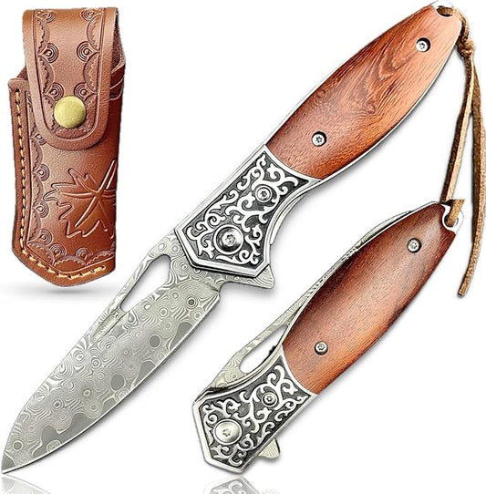TACTICAL GEARZ Pocket Folding Knife w/Damascus Blade! Rosewood/Steel Handle, Includes Custom Stitched Leather Sheath! (Keno)