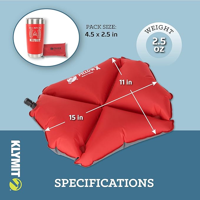 Klymit Pillow X Travel Pillow, Lightweight Inflatable Hybrid Airplane, Backpacking, Hammock, and Camping Pillow