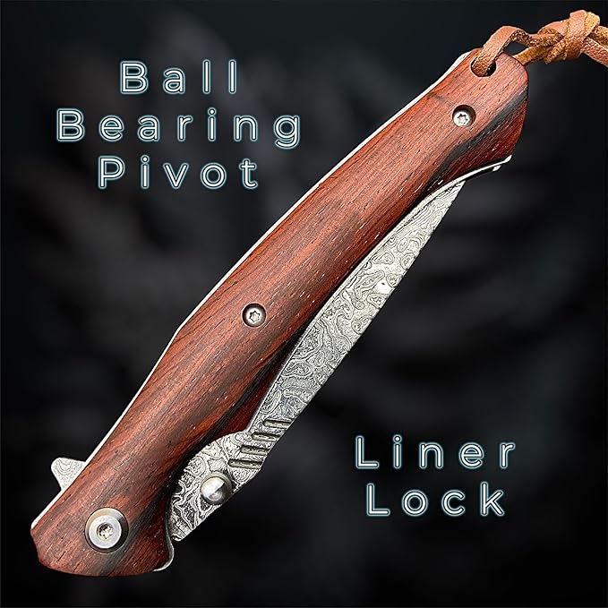 TACTICAL GEARZ EDC Damascus Steel Pocket Folding Knife, Natural Rosewood Handle, 107 Layered VG10 Damascus Steel Blade! (Kanui XT)