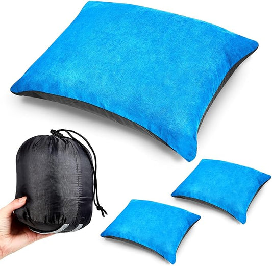 Soaoo 3 Pcs Camping Pillow Inflatable Compressible Memory Foam Foldable Travel Pillow Packable Pillow with Storage Bag for Adult Kid Backpacking Sleeping Traveling Hiking Car Essential Gear (Blue)