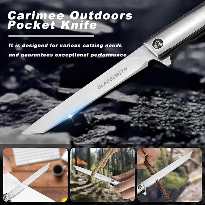 BLADESMITH Pocket Folding Knife, Gentlemen`s Slim EDC Knife, 3.5" 5Cr15Mov Steel Blade, Fully Silver Ti-coated Stainless Steel handle, with Leather Sheath