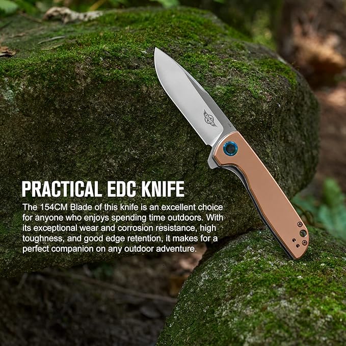 OKNIFE Freeze 2 Folding Knife, EDC Pocket Knife with Copper Handle, 154CM Steel Blade and Ceramic Ball-Bearing Washer for Camping, Hiking