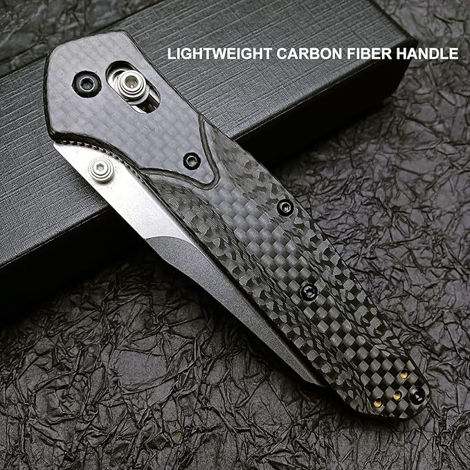 HUAAO 7.7in EDC Pocket Knife, 3.6in Reverse Tanto Blade with Thumb Stud, Plain Edge D2 Steel, Black Carbon Fiber Handle with Belt Clip Axis Lock Mechanism for Outdoor Camping