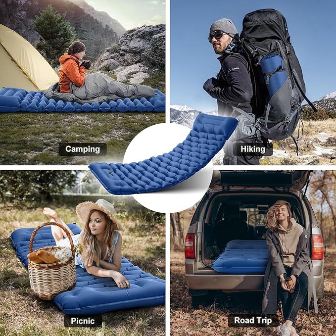 Sleeping Pad for Camping, 50D Inflatable Camping Mat with Pillow Built-in Foot Pump Sleeping Mat Waterproof Compact and Portable Camping Mattress for Backpacking Hiking Traveling Road Trip Tent