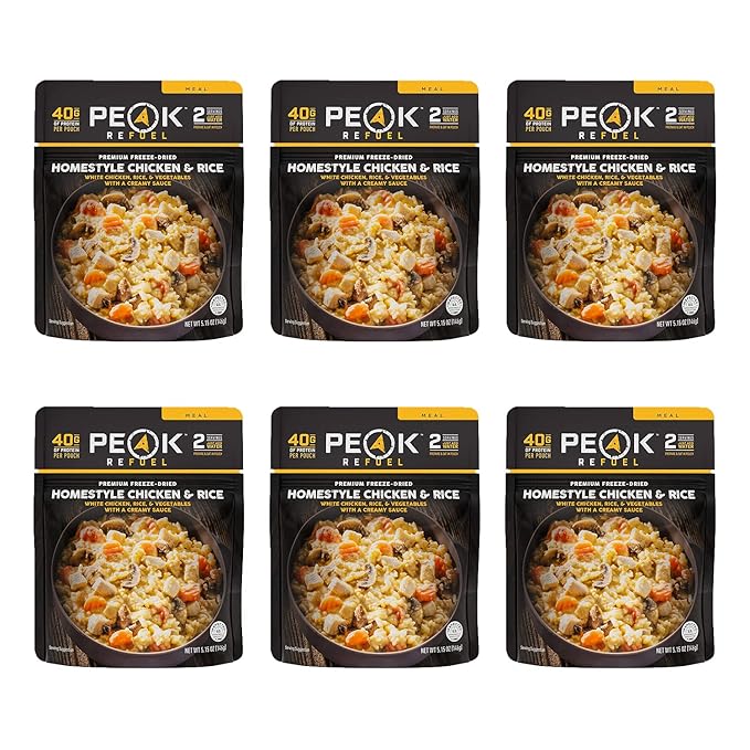 Peak Refuel Homestyle Chicken & Rice| Premium Freeze Dried Camping Food | Backpacking & Hiking MRE Meals | Just Add Water | 100% Real Meat | 240g of Protein | 6-Pack