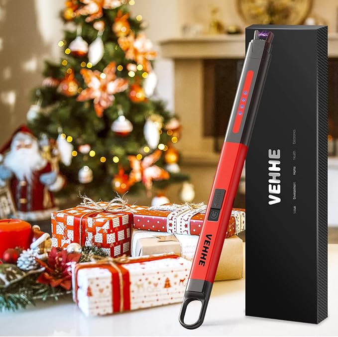 VEHHE Electric Lighter, Candle Lighter Rechargeable USB, Long Plasma Lighters with Safety Lock and LED Display, Pocket Size for Camping Outdoor Party - Red