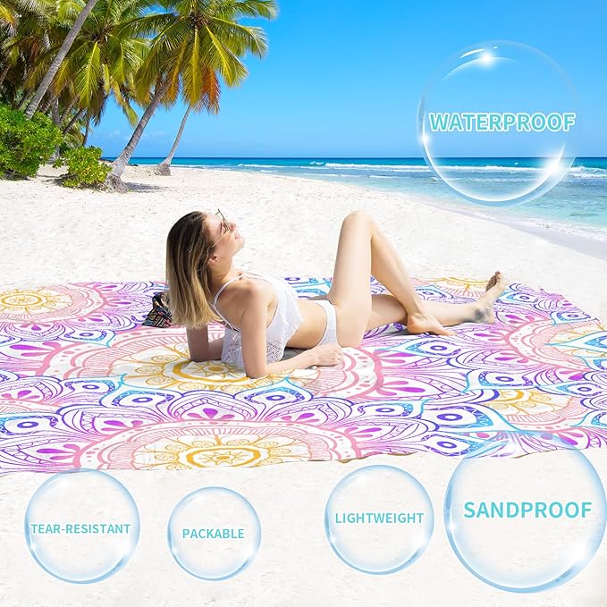 BYDOLL Beach Blanket Waterproof Sandproof 78''×110'' 1-7 Adults Oversized Lightweight Waterproof Sandproof Blanket Large Mat Beach Blanket for Beach Travel Camping Hiking Picnic