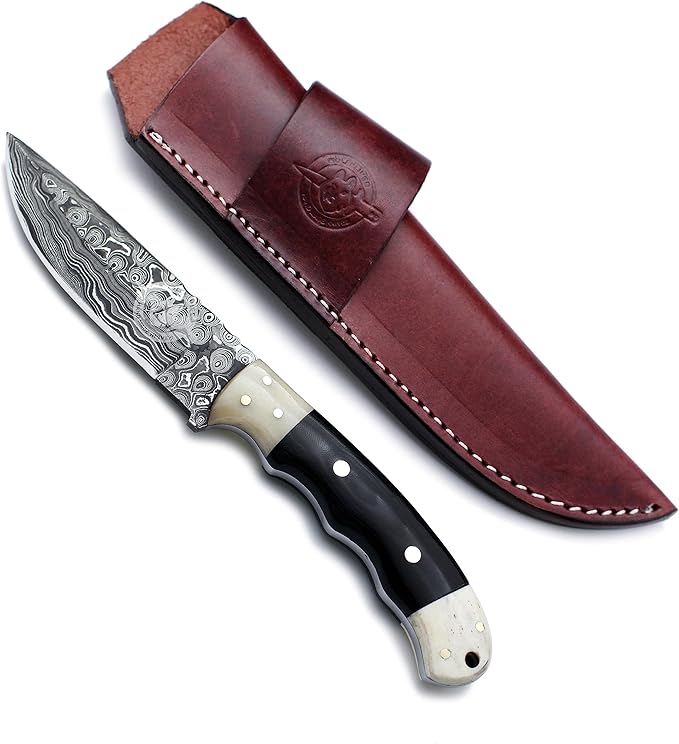 Handmade Damascus Steel Fixed Blade Bowie Knife for EDC,Hunting,Survival,Camping,Bushcraft,and Fishing with Drop Point Full Tang Bone Handle with Cowhide-Leather Sheath - WKD-783