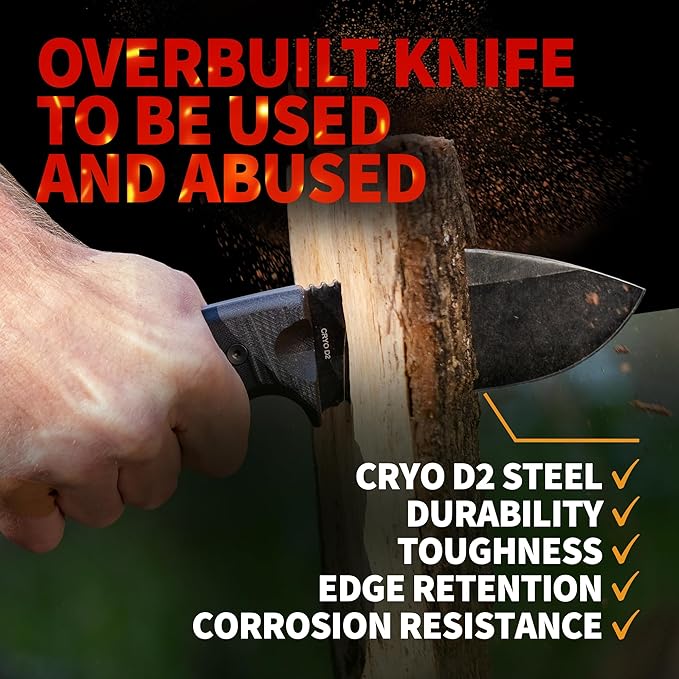 Off-Grid Knives - Alpha-Dog Heavy Duty Fixed Blade Knife, 5mm Thick Cryogenic D2 Blade Steel, Full Tang, G10 Scales, XL Handle