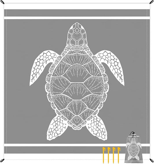 Waterproof Sand Free Beach Mat, 78”x 86” Large Sandproof Beach Blanket w/ 4 Stakes & Pockets, Easy to Clean Quick Drying Big Compact Beach Accessories for Outdoor, Picnic, Camping - Gray Sea Turtle
