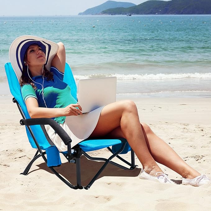G4Free Low Sling Folding Beach Chair Camping Chairs Compact Concert Lumbar Back Support Festival Chair with Carry Bag