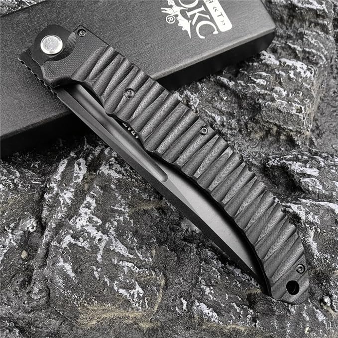 HUAAO 12 INCH Russian Avatar Folding Knife for Men,D2 Blade Black G10 Handles Tactical Survival Gear Saber Knives,Safety Liner Lock,Flipper Assisted Outdoor Camping Tool (Black blade)