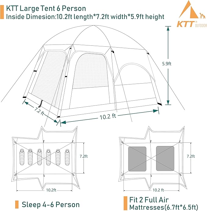 KTT Large Tent 6-8 Person,Family Cabin Tents,Straight Wall,3 Doors and 3 Windows with Mesh,Waterproof,Big Tent for Outdoor,Picnic,Camping,Family,Friends Gathering.……