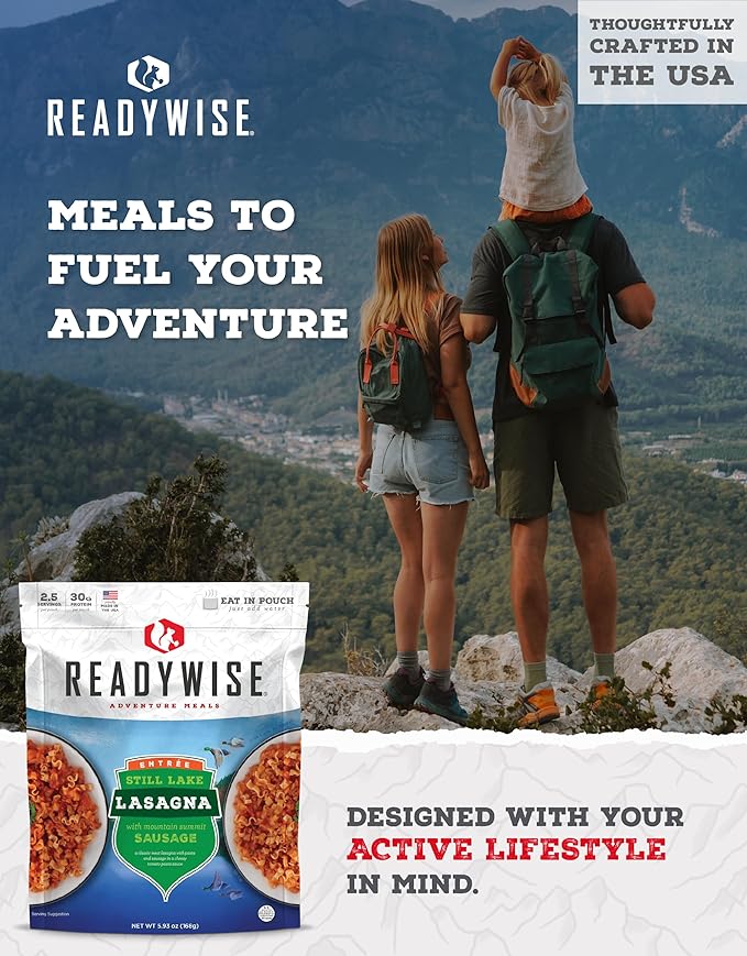 READYWISE - Adventure Meal, Cheesy Lasagna, 2 Servings, Pack of 1, Emergency Preparedness, Freeze Dried Food, MRE, Snack Pack or Emergency Food, Backpacking, Camping, Hiking, and, Survival Food