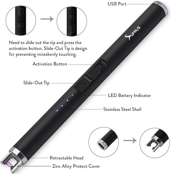 SUPRUS Lighter - Electric Candle USB Type C Rechargeable Lighter with Upgraded LED Battery Display Safety Switch Flameless Plasma Windproof for Cooking BBQs Fireworks