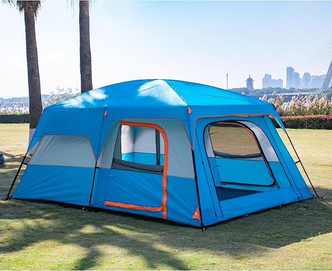 KTT Extra Large Tent 10-12-14 Person(Style-B),Family Cabin Tents,2 Rooms,3 Doors and 3 Windows with Mesh,Straight Wall,Waterproof,Double Layer,Big Tent for Outdoor,Picnic,Camping,Family Gathering