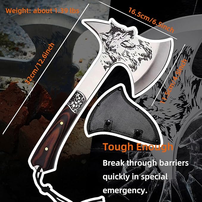 Stainless Steel Camping Hatchet with Sheath, 12.59" Wooden Handle Tactical Hatchet for Outdoor, Hunting, Adventure, Emergency YH22-01