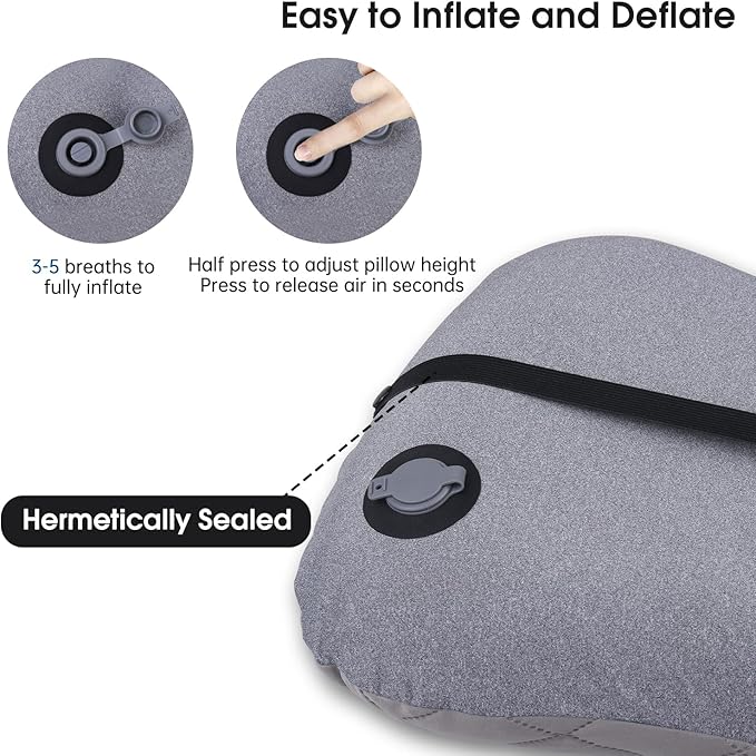 Inflatable Camping Pillow with Removable Cover - Ultralight Compact Camp Pillows for Sleeping, Backpacking, Hiking, Beach, Outdoor - Portable Blow Up Air Travel Pillow for Neck & Lumbar Support - Grey