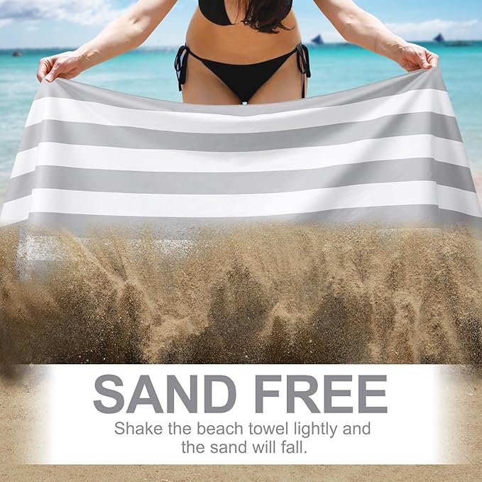 Genovega Microfiber Beach Towel Lightweight Thin Oversized Sandproof Compact Quick Dry Clearance Towels Extra Large Sand Free Pool Travel Beach Essentials Accessories Women Men Adult Gift Grey Stripe