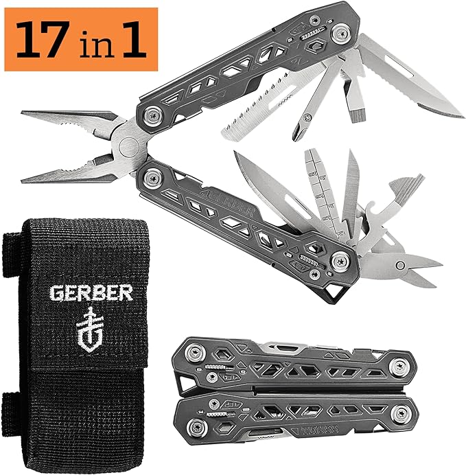 Gerber Gear Truss 17-in-1 Needle Nose Pliers Multi-tool with Sheath - Multi-Plier, Pocket Knife, Serrated Blade, Screwdriver, Bottle Opener - EDC Gear and Equipment - Gray